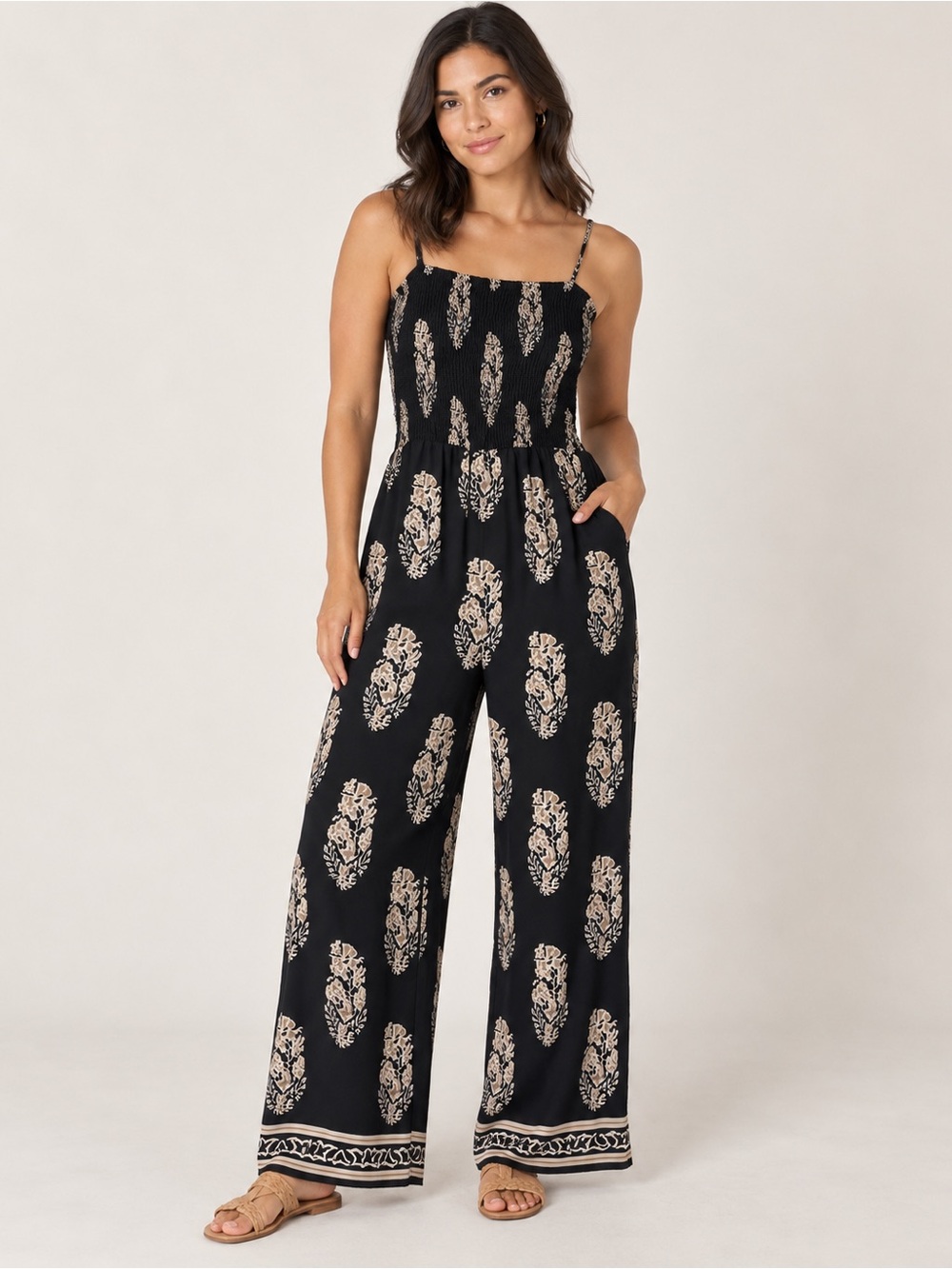 Black Printed Wide-Leg Jumpsuit with Smocked Bodice